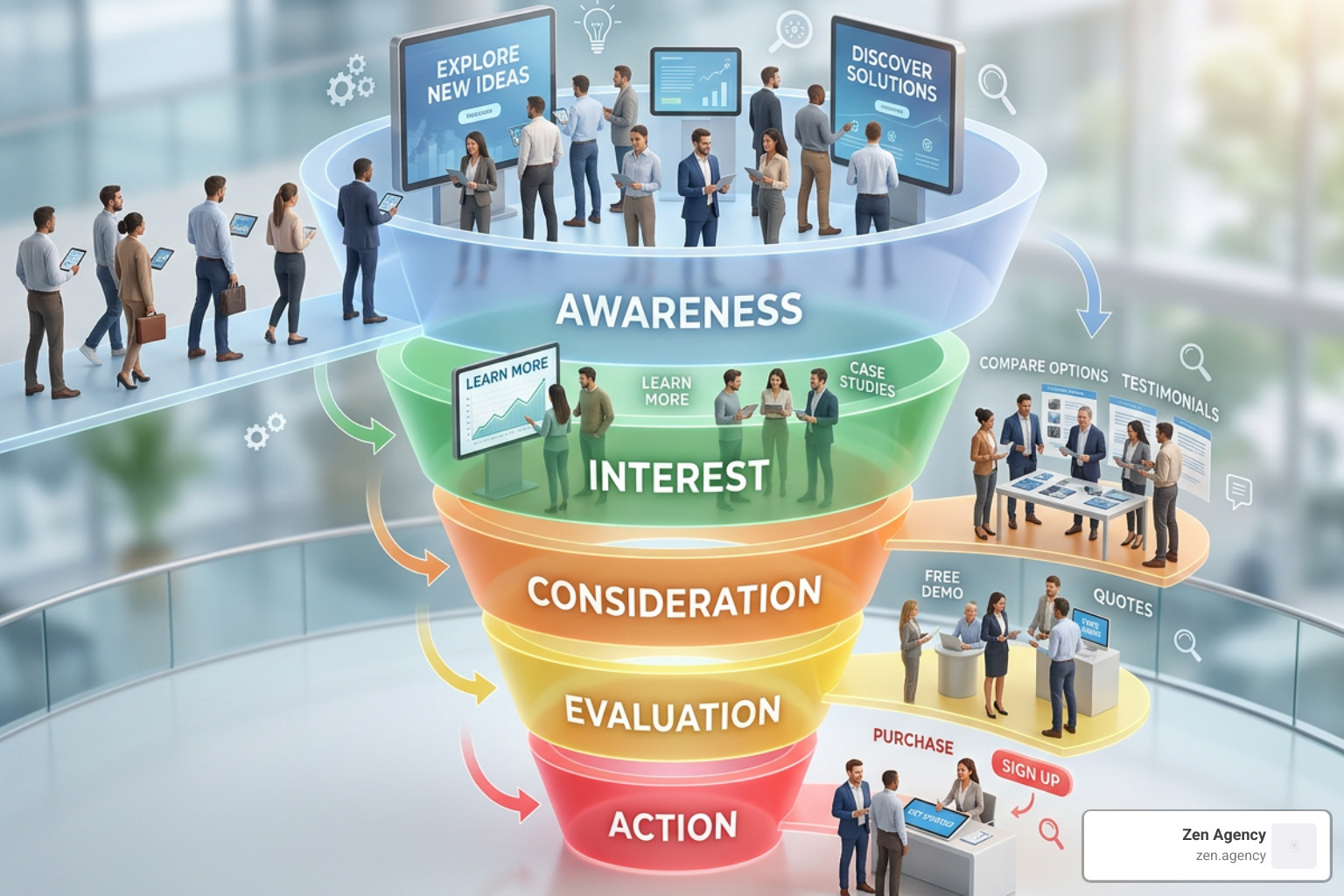 Visual representation of a marketing funnel guiding users from awareness to action Visual representation of a marketing funnel guiding users from awareness to action
