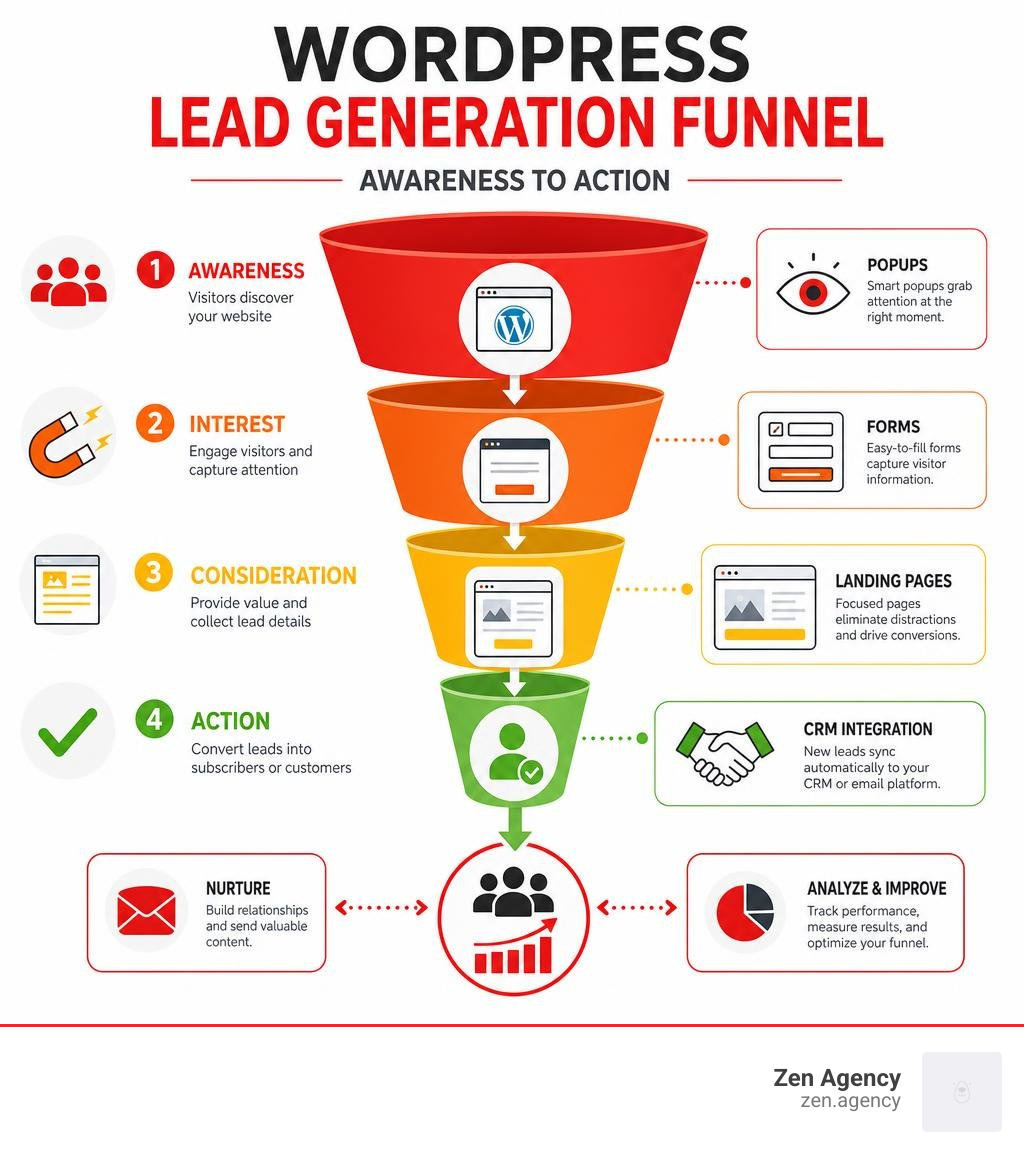 WordPress lead generation funnel infographic: Awareness to Action with forms, popups, landing pages, and CRM integration WordPress lead generation funnel infographic: Awareness to Action with forms, popups, landing pages, and CRM integration