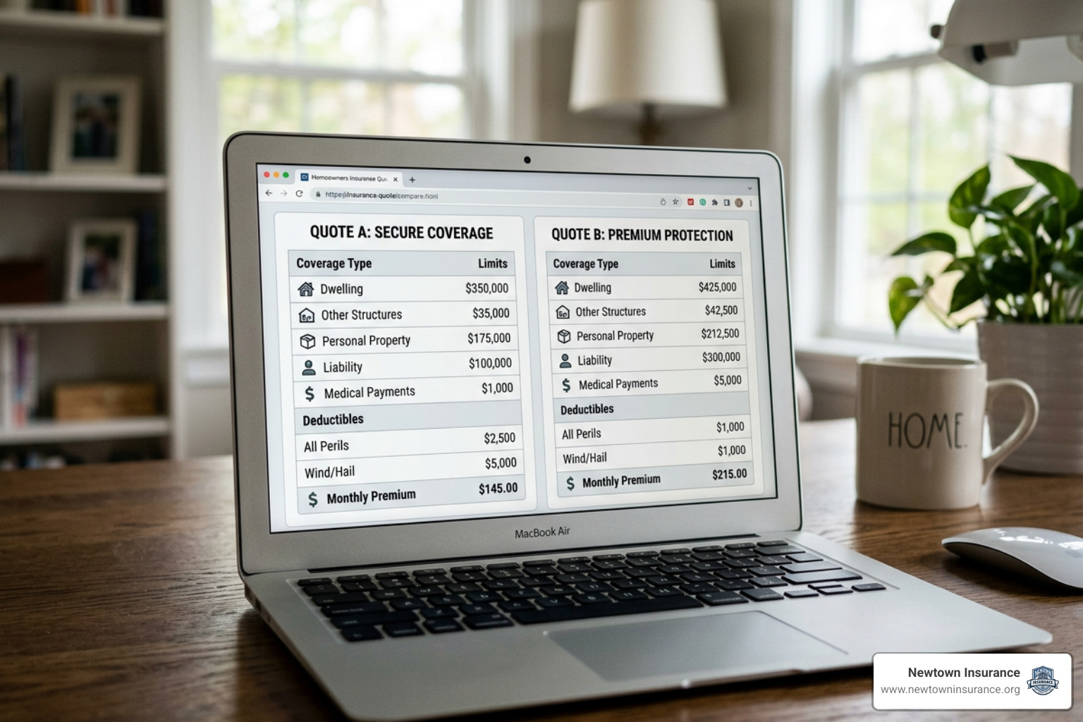 Side-by-side home insurance quote comparison showing varying coverage limits and deductibles Side-by-side home insurance quote comparison showing varying coverage limits and deductibles