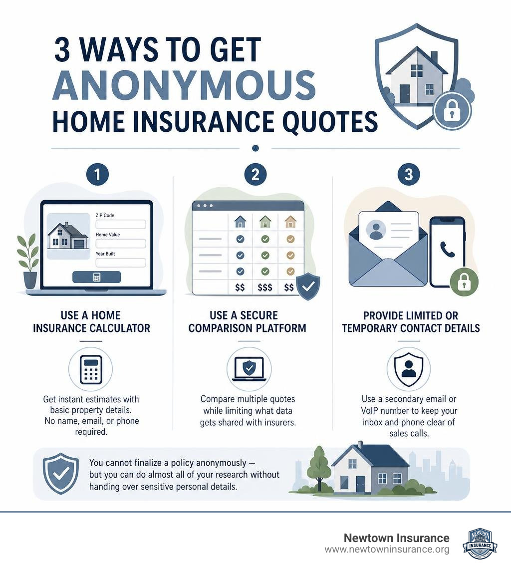 Infographic showing 3 ways to get anonymous home insurance quotes: calculator, comparison platform, limited contact info Infographic showing 3 ways to get anonymous home insurance quotes: calculator, comparison platform, limited contact info