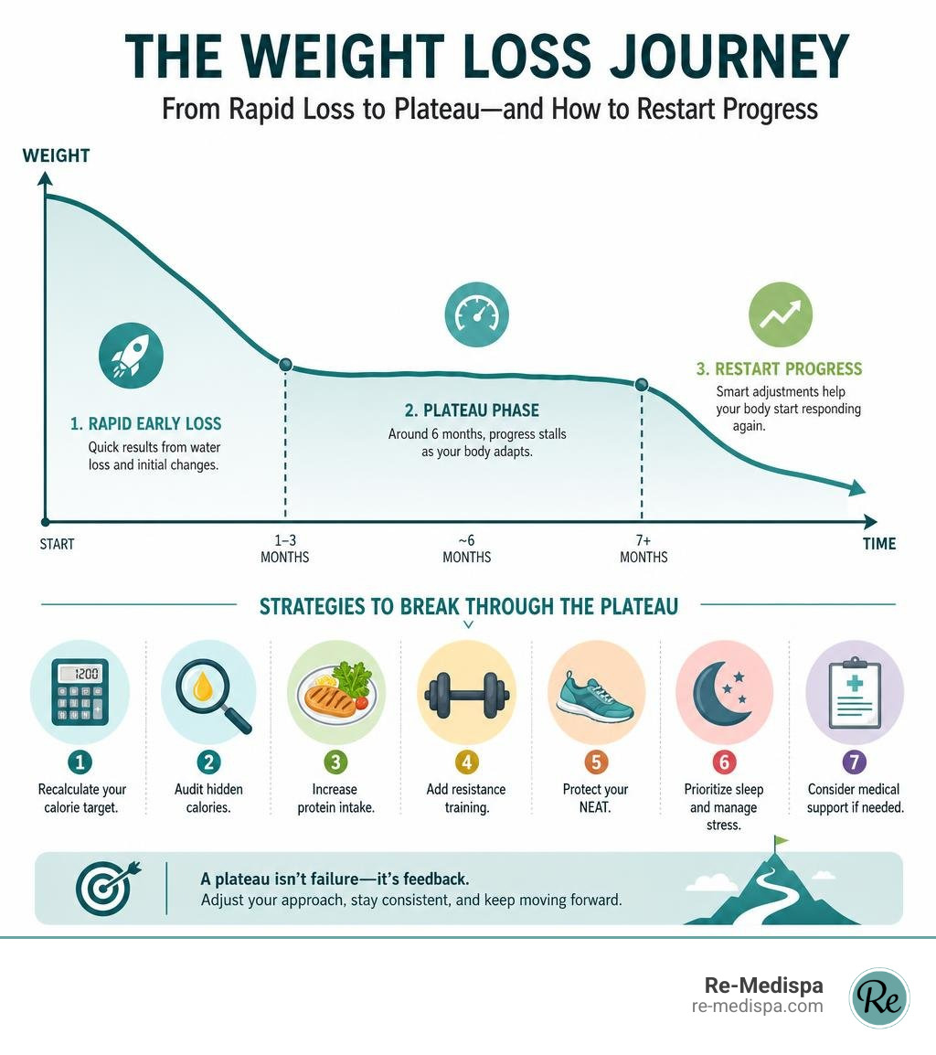 Timeline of a typical weight loss journey showing rapid early loss, plateau phase around 6 months, and strategies to restart Timeline of a typical weight loss journey showing rapid early loss, plateau phase around 6 months, and strategies to restart
