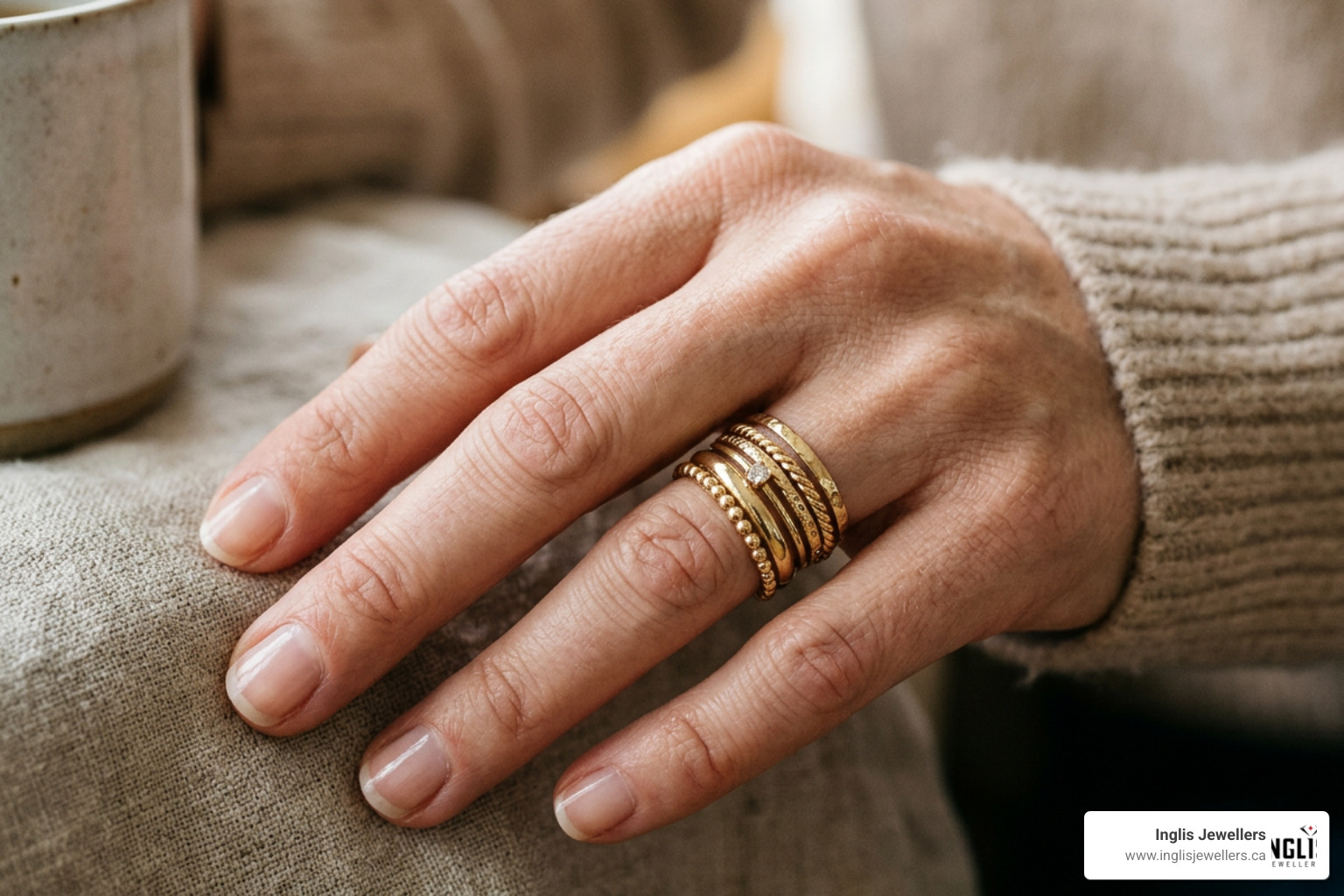 A beautifully curated stack of various 14k gold rings on a hand A beautifully curated stack of various 14k gold rings on a hand