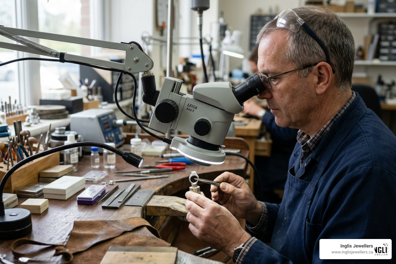 Goldsmith inspecting a ring under a microscope in a bright workshop Goldsmith inspecting a ring under a microscope in a bright workshop