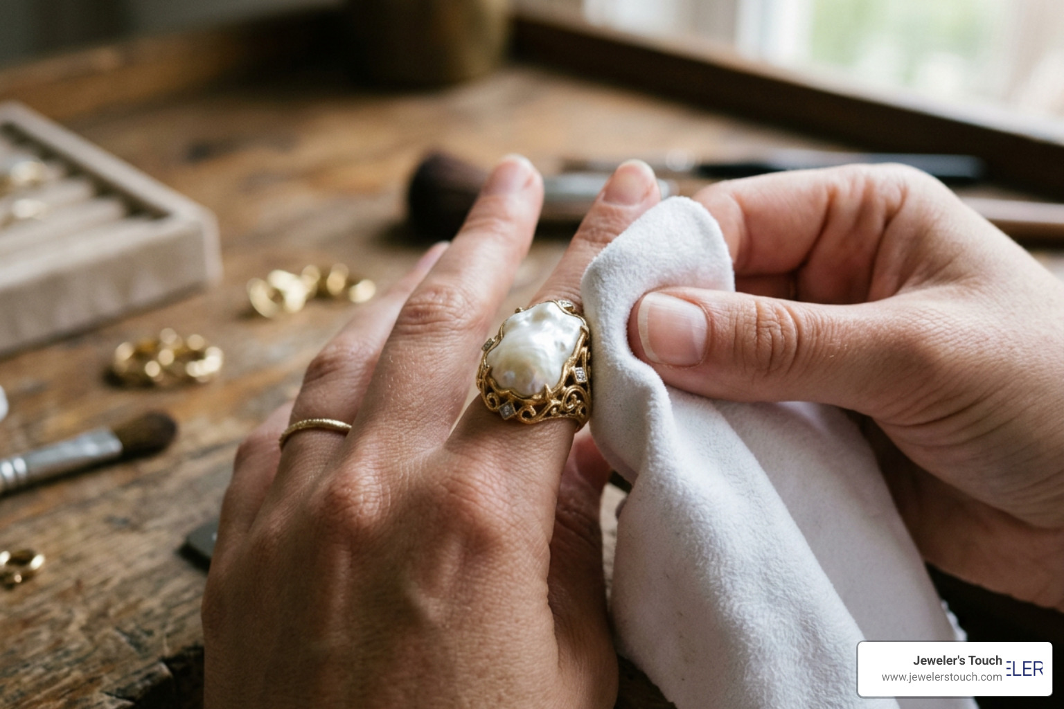 Care and cleaning of a large pearl ring with a soft cloth