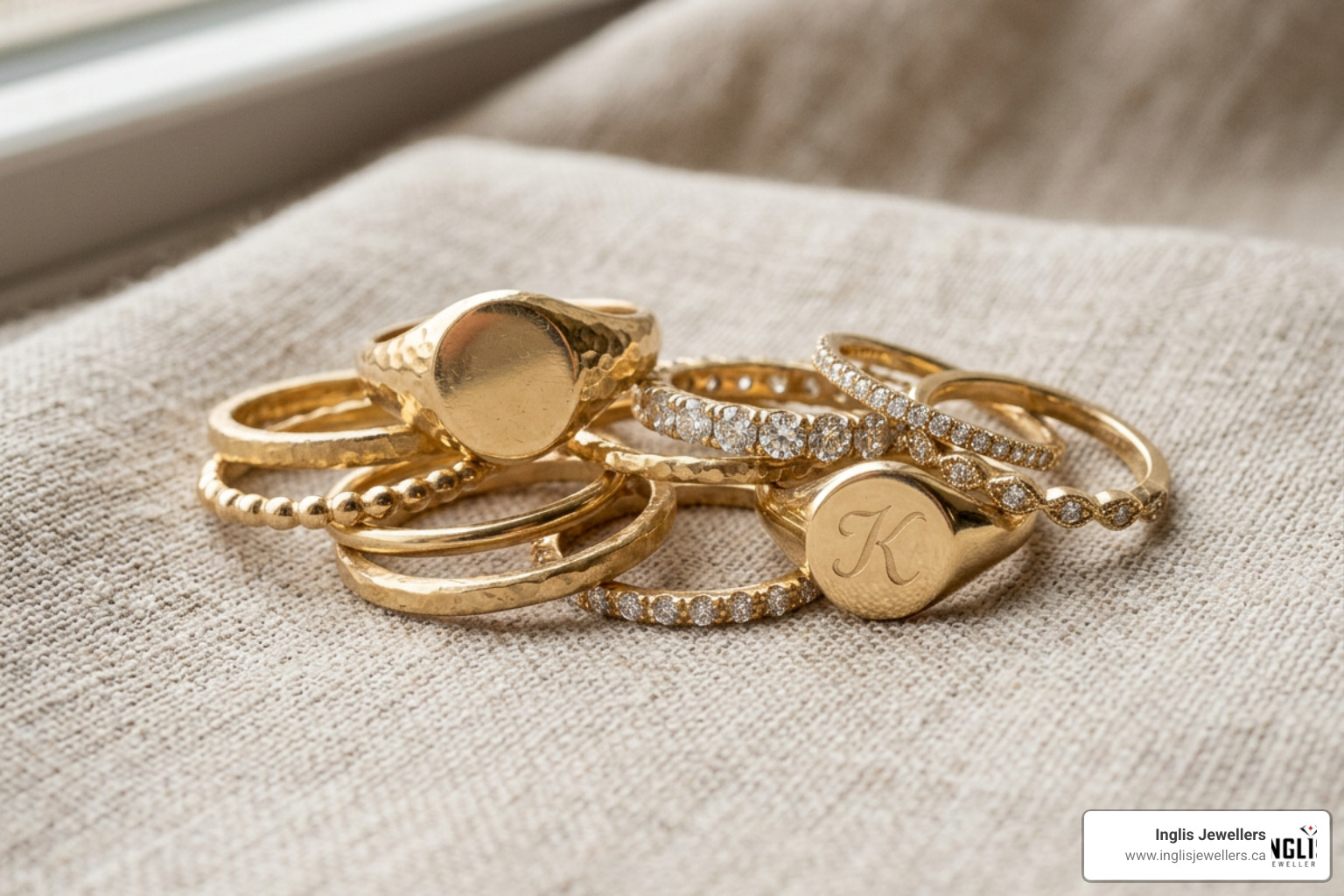 A beautiful arrangement of stackable gold rings, signets, and diamond bands A beautiful arrangement of stackable gold rings, signets, and diamond bands
