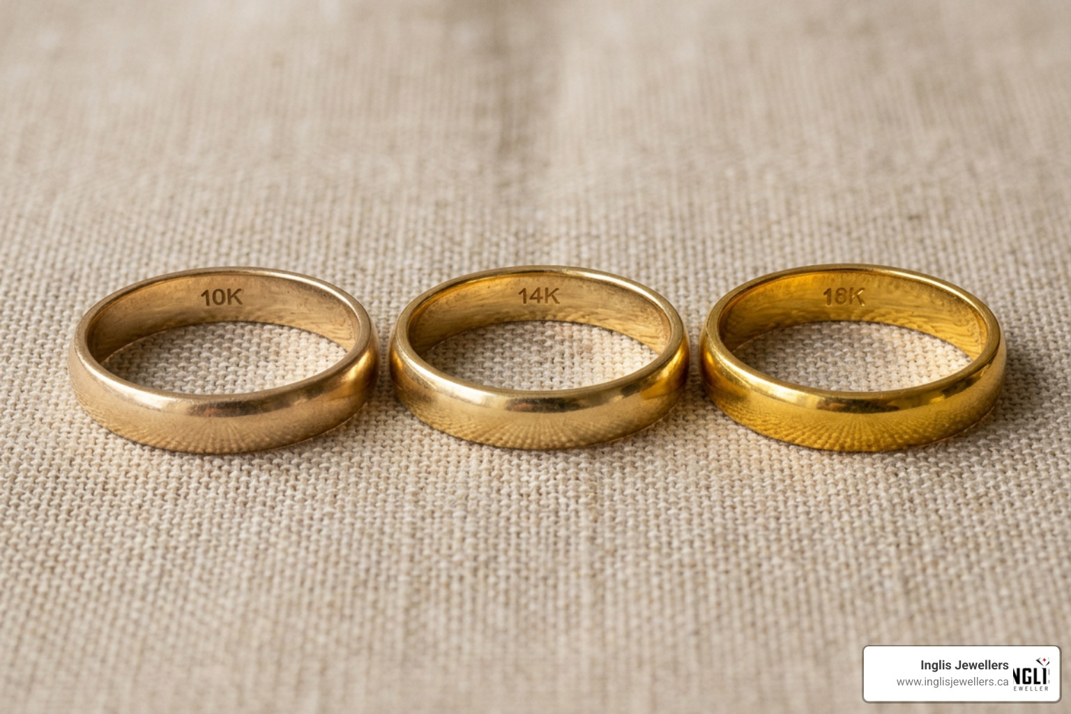 Color differences between 10k, 14k, and 18k yellow gold rings Color differences between 10k, 14k, and 18k yellow gold rings