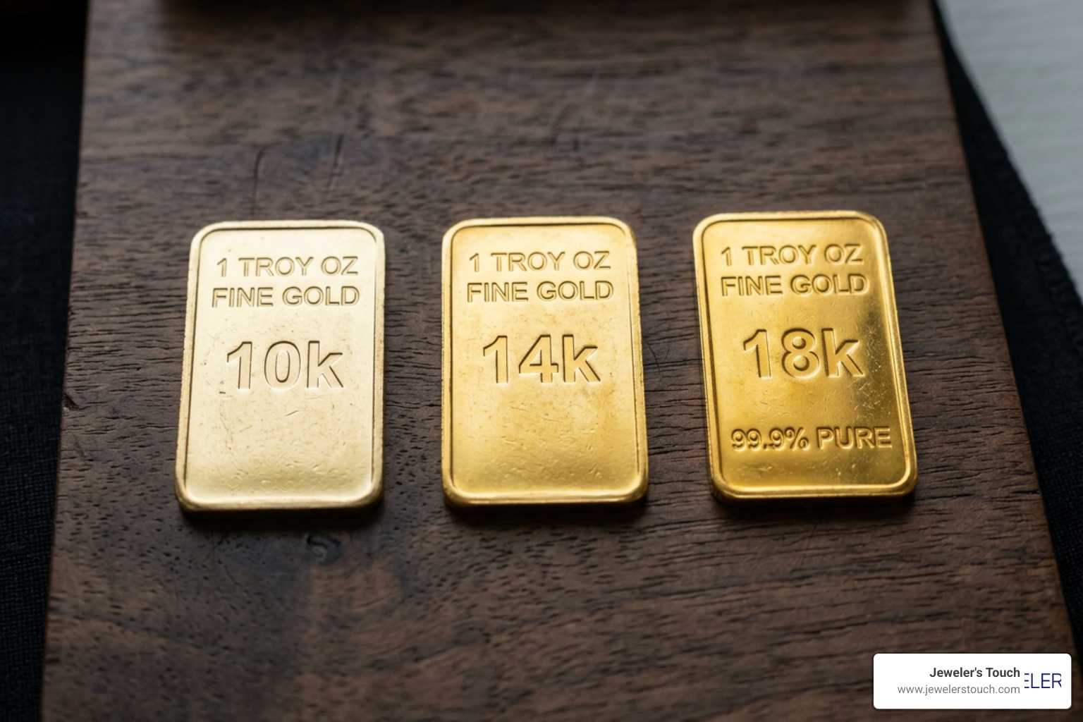 Comparison of gold karats showing purity levels of 10k, 14k, and 18k gold Comparison of gold karats showing purity levels of 10k, 14k, and 18k gold