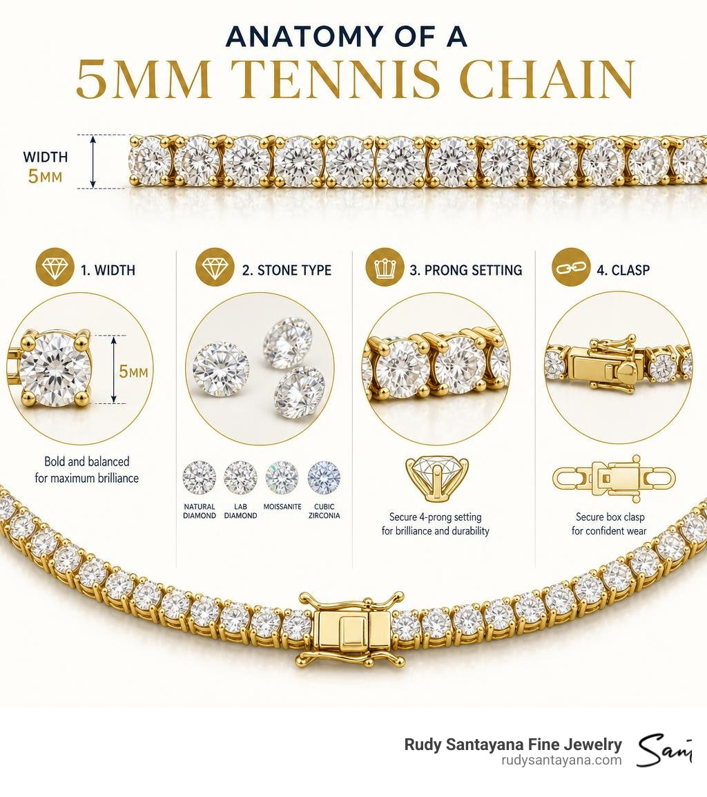 Infographic showing anatomy of a 5mm tennis chain including width, stone type, prong setting, and clasp infographic Infographic showing anatomy of a 5mm tennis chain including width, stone type, prong setting, and clasp infographic