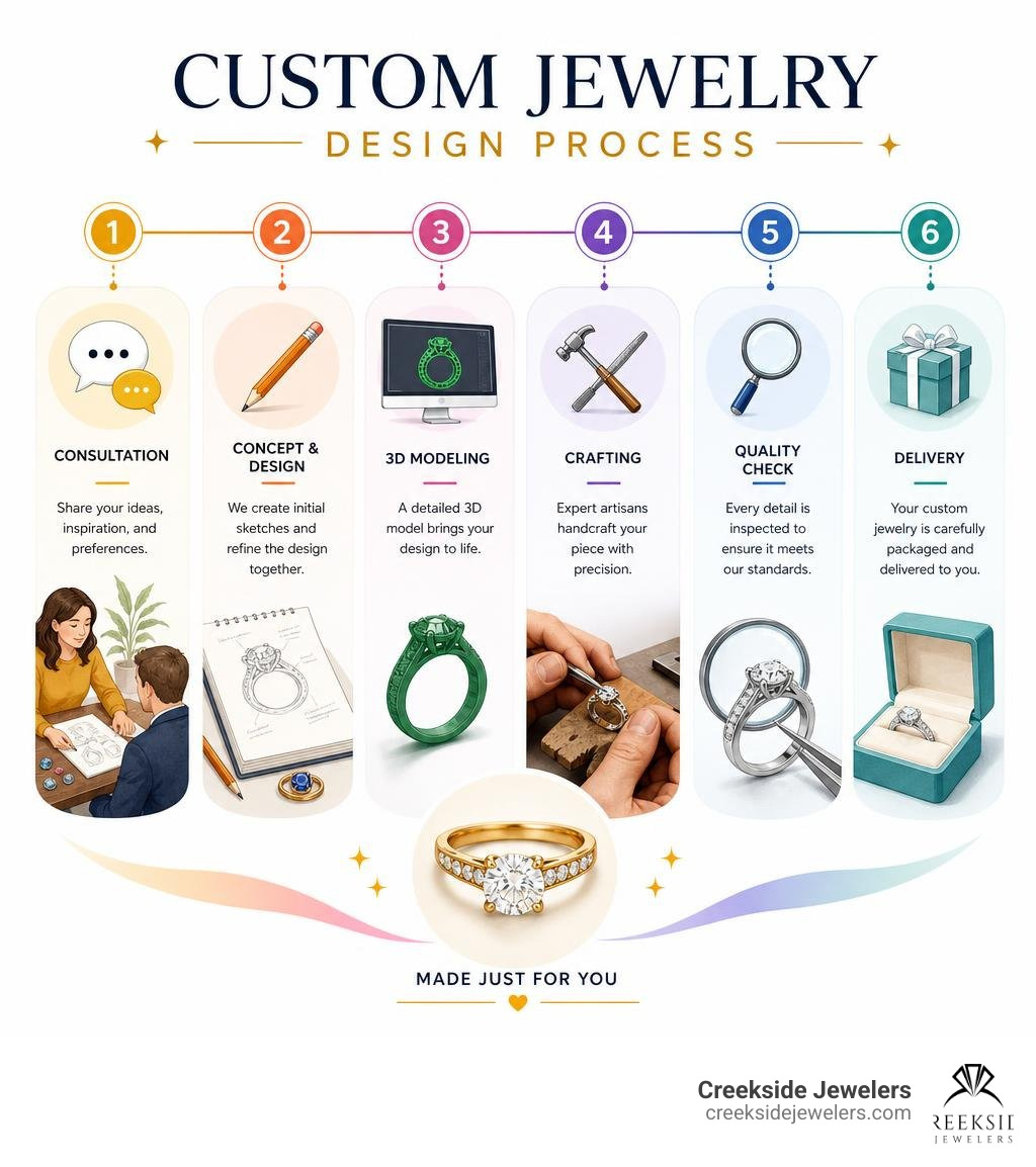 Custom jewelry design process timeline infographic showing steps from consultation to delivery infographic