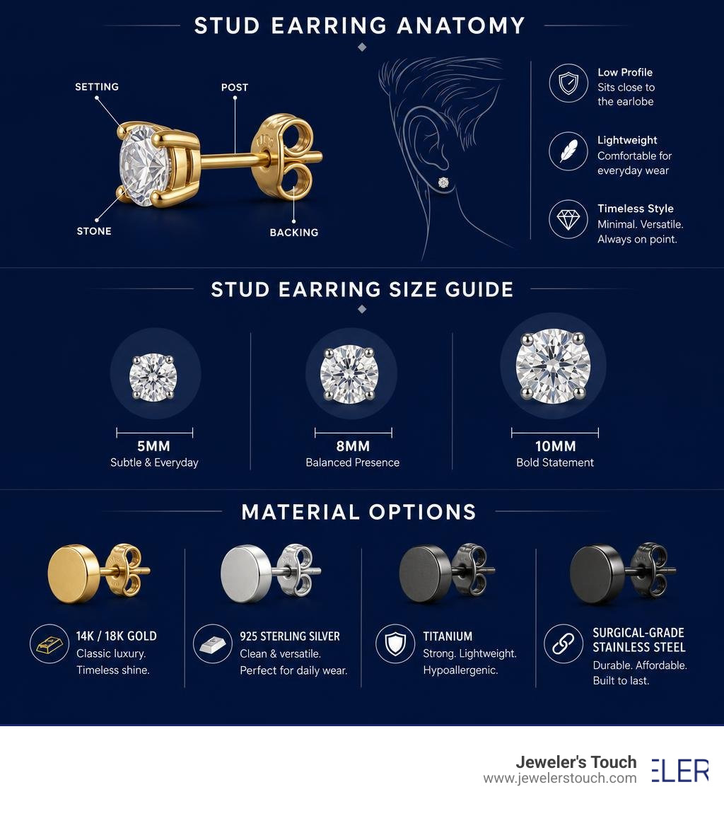 Infographic showing stud earring anatomy, sizing guide from 5mm to 10mm, and material options for men infographic