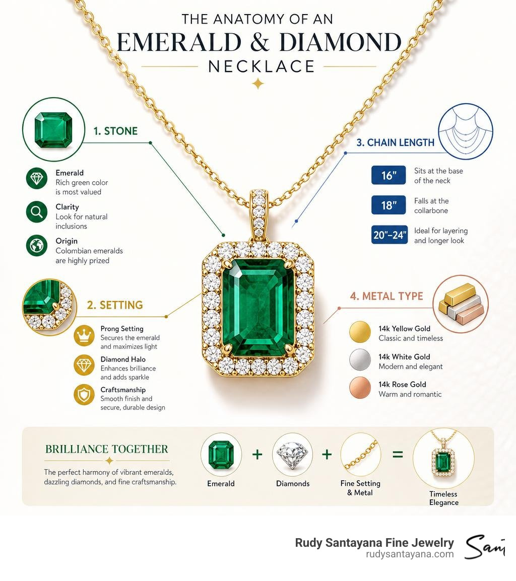 Infographic showing the anatomy of an emerald and diamond necklace including stone, setting, chain length, and metal type