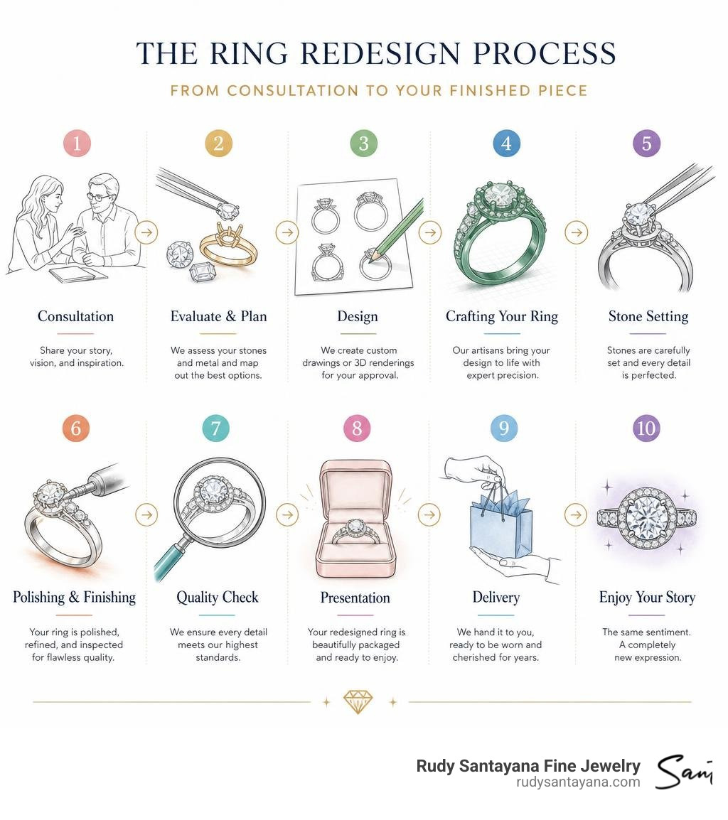 Step-by-step ring redesign process from consultation to finished piece infographic Step-by-step ring redesign process from consultation to finished piece infographic