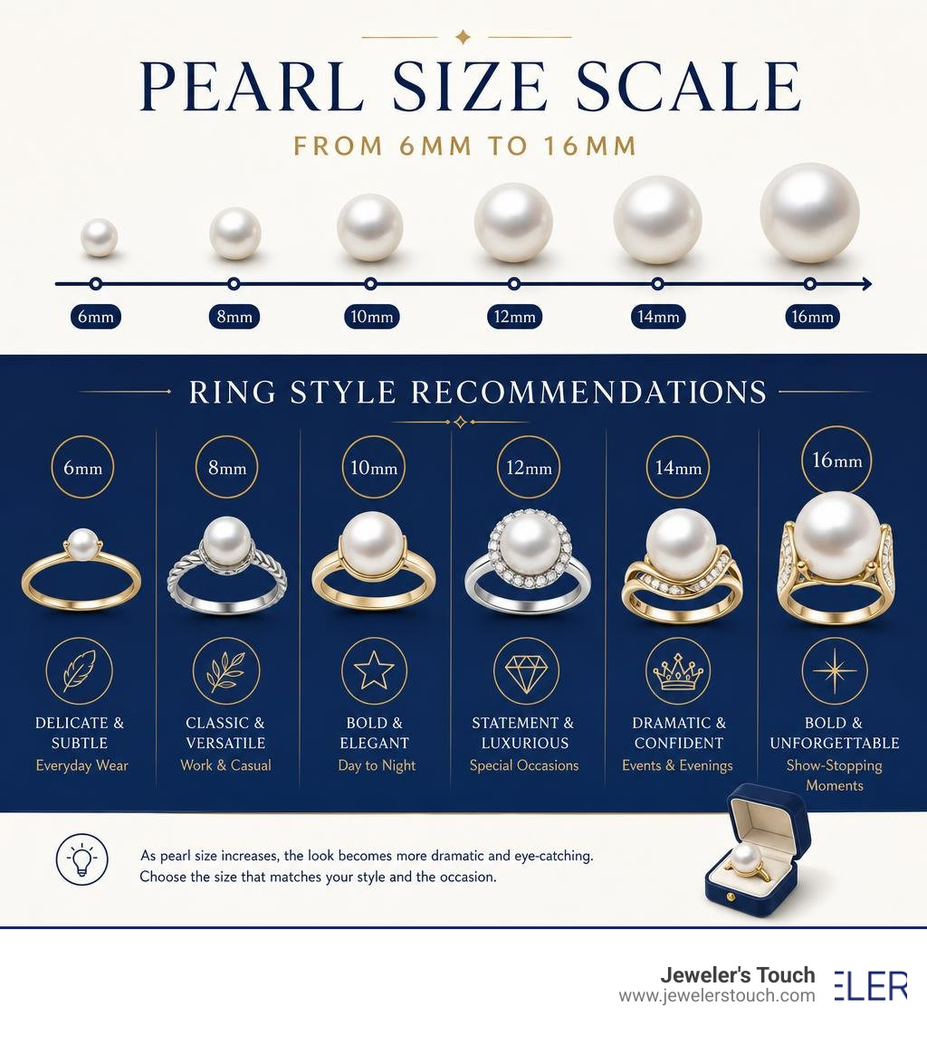 Pearl size scale infographic from 6mm to 16mm with ring style recommendations infographic