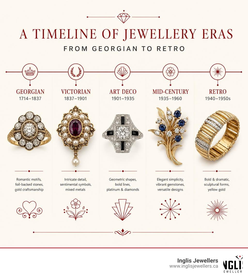 Timeline infographic of jewellery eras from Georgian to Retro with dates and key characteristics infographic Timeline infographic of jewellery eras from Georgian to Retro with dates and key characteristics infographic