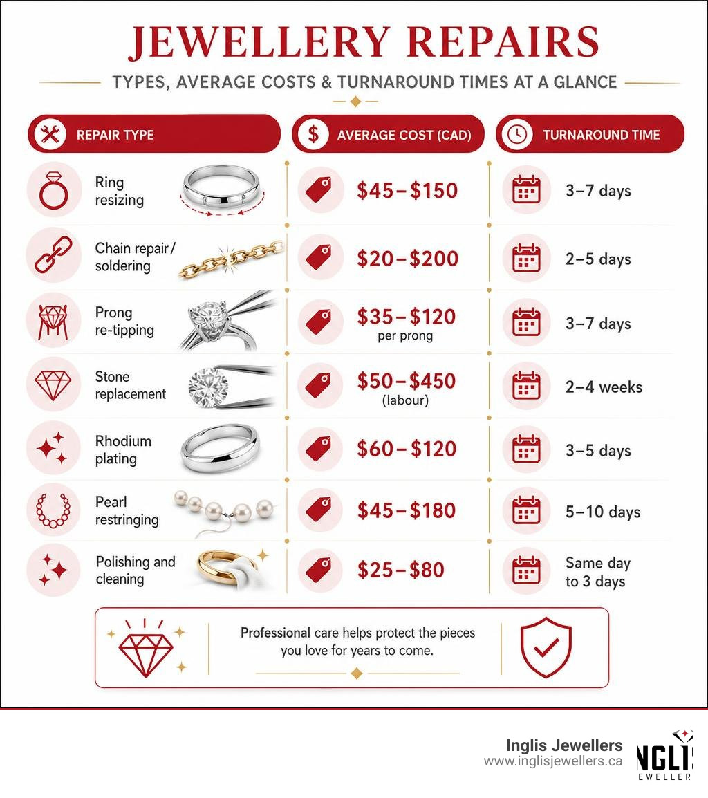 Infographic showing jewellery repair types, average costs, and turnaround times at a glance infographic Infographic showing jewellery repair types, average costs, and turnaround times at a glance infographic