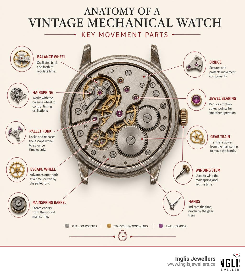 Anatomy of a vintage mechanical watch with labeled movement parts infographic
