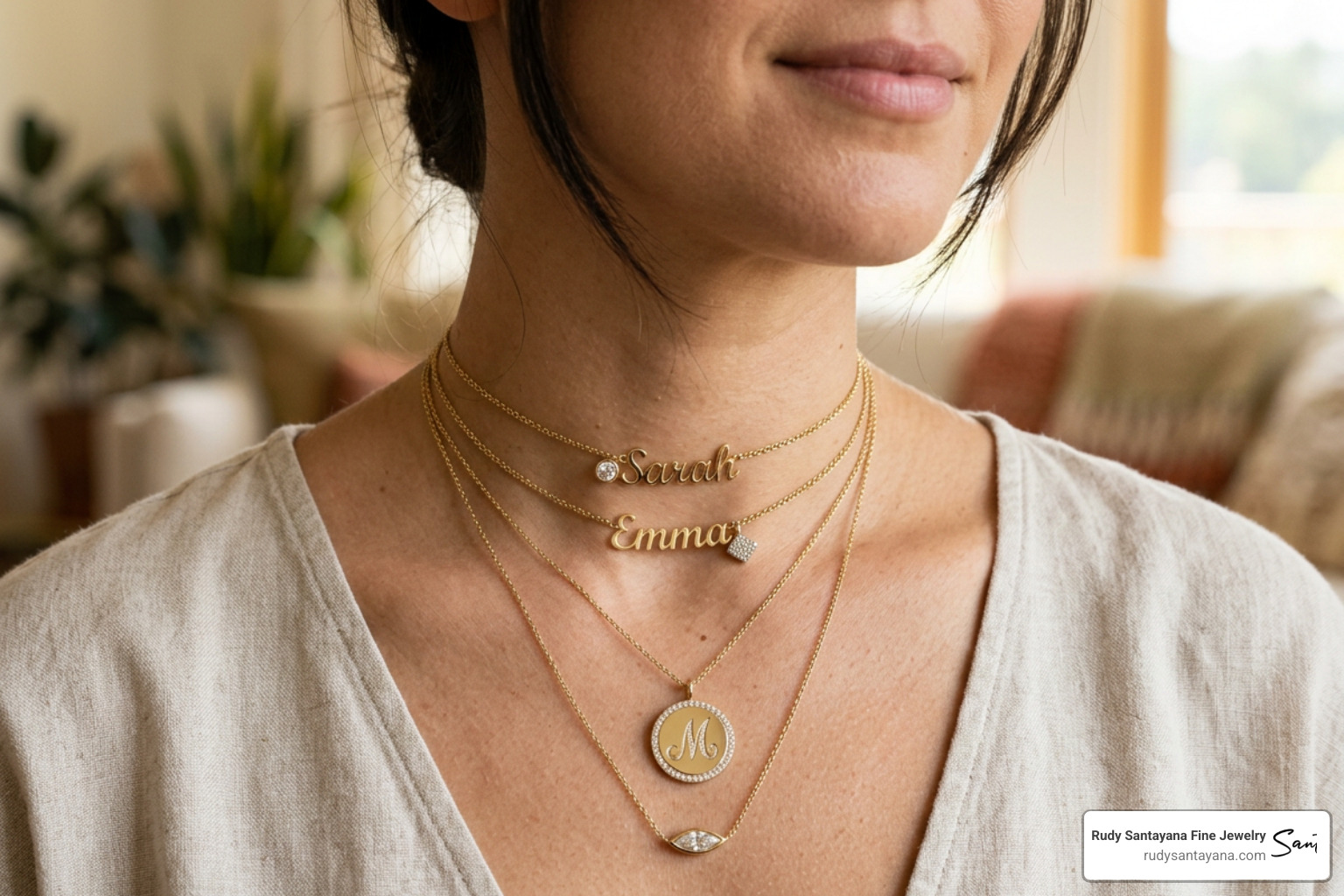 Layered custom gold name chokers with diamond accents and longer pendant necklaces
