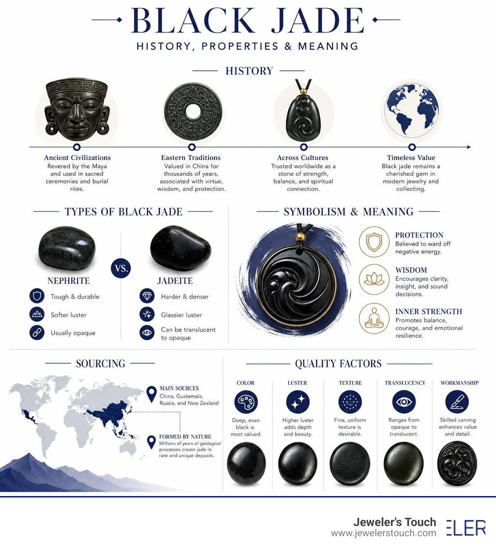 History and properties of black jade: types, symbolism, sourcing, and quality factors infographic History and properties of black jade: types, symbolism, sourcing, and quality factors infographic