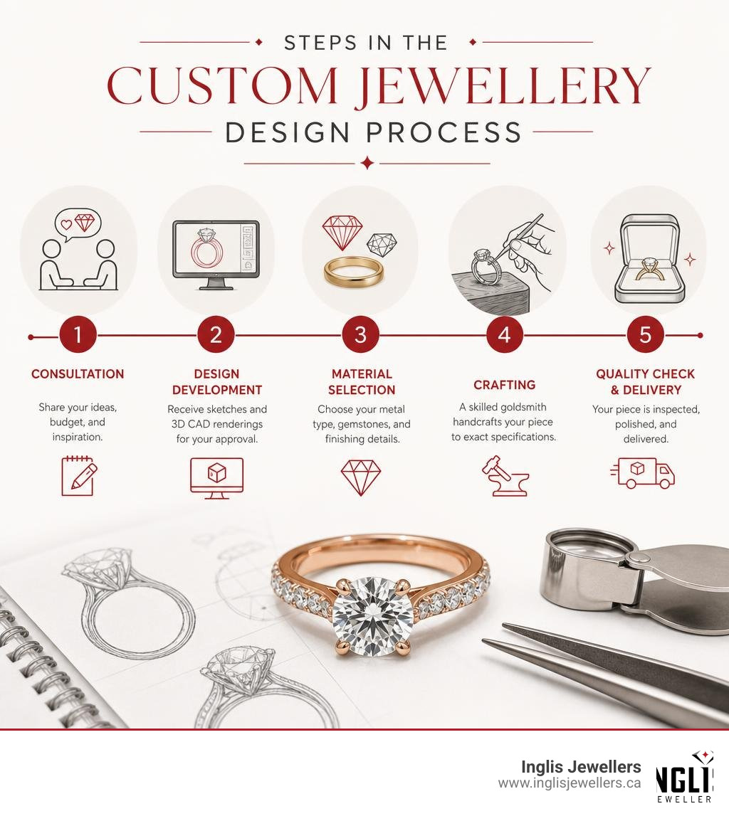 Steps in the custom jewellery design process from consultation to delivery infographic Steps in the custom jewellery design process from consultation to delivery infographic