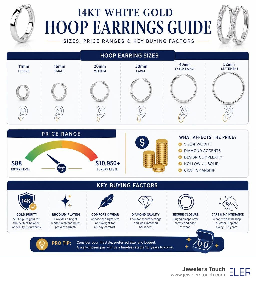Infographic comparing 14kt white gold hoop earring sizes, price ranges, and key buying factors infographic Infographic comparing 14kt white gold hoop earring sizes, price ranges, and key buying factors infographic