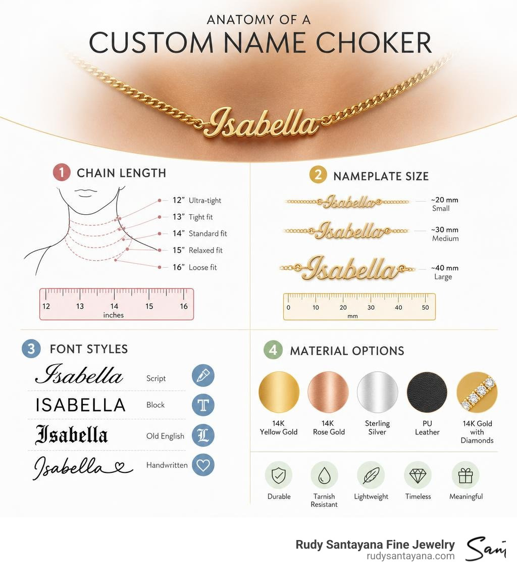 Anatomy of a custom name choker infographic showing chain length, nameplate size, font styles, and material options
