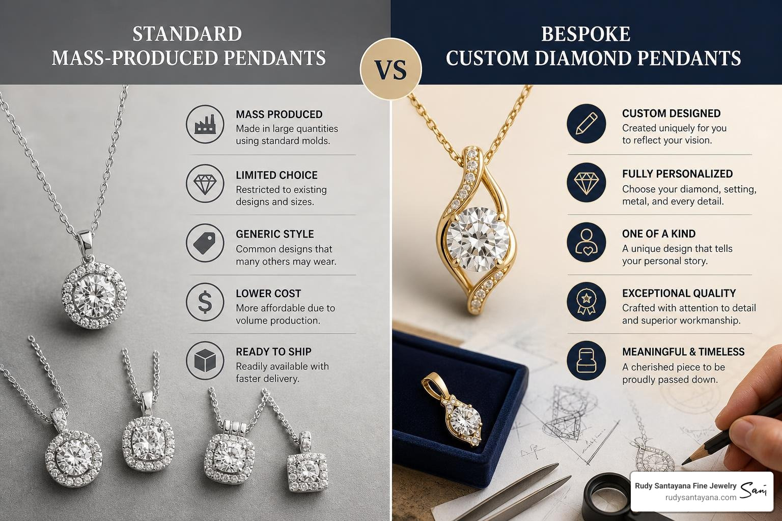 Comparing standard mass-produced pendants versus bespoke custom diamond pendants Comparing standard mass-produced pendants versus bespoke custom diamond pendants