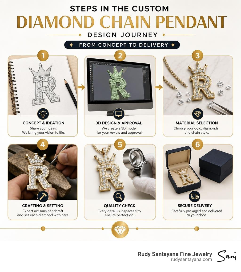 Steps in the custom diamond chain pendant design journey from concept to delivery infographic Steps in the custom diamond chain pendant design journey from concept to delivery infographic