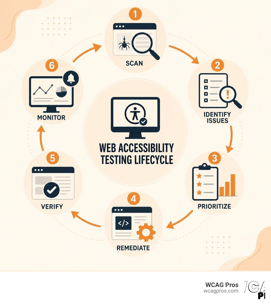 Infographic showing the web accessibility testing lifecycle: scan, identify issues, prioritize, remediate, verify, monitor Infographic showing the web accessibility testing lifecycle: scan, identify issues, prioritize, remediate, verify, monitor