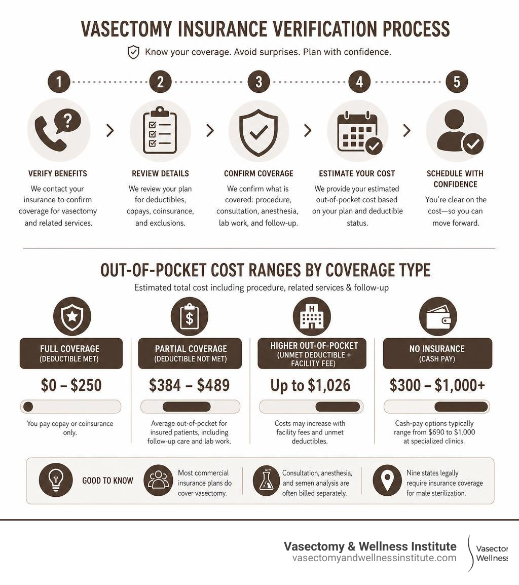 Infographic showing vasectomy insurance verification process and out-of-pocket cost ranges by coverage type infographic Infographic showing vasectomy insurance verification process and out-of-pocket cost ranges by coverage type infographic
