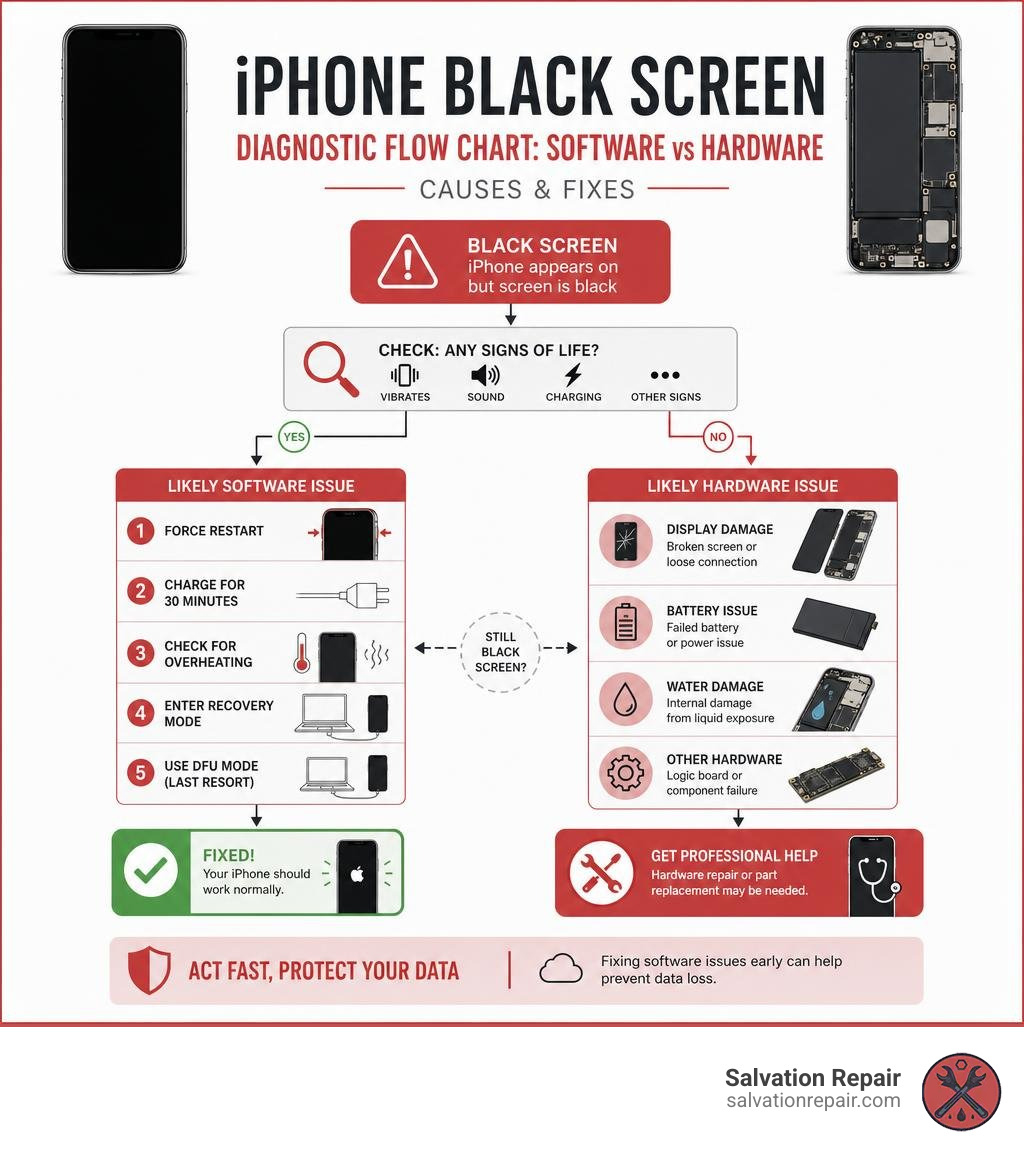 Diagnostic flow chart for iPhone black screen: software vs hardware causes and fixes infographic Diagnostic flow chart for iPhone black screen: software vs hardware causes and fixes infographic