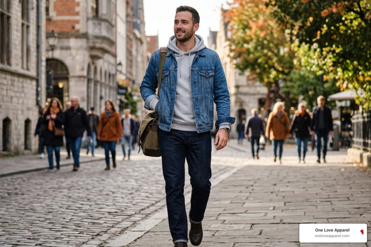 Man layering a clean grey hoodie under a classic blue denim jacket with dark trousers Man layering a clean grey hoodie under a classic blue denim jacket with dark trousers