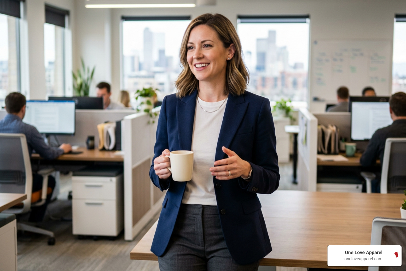 A woman wearing a styled, high-quality white basic tee layered under a structured blazer A woman wearing a styled, high-quality white basic tee layered under a structured blazer