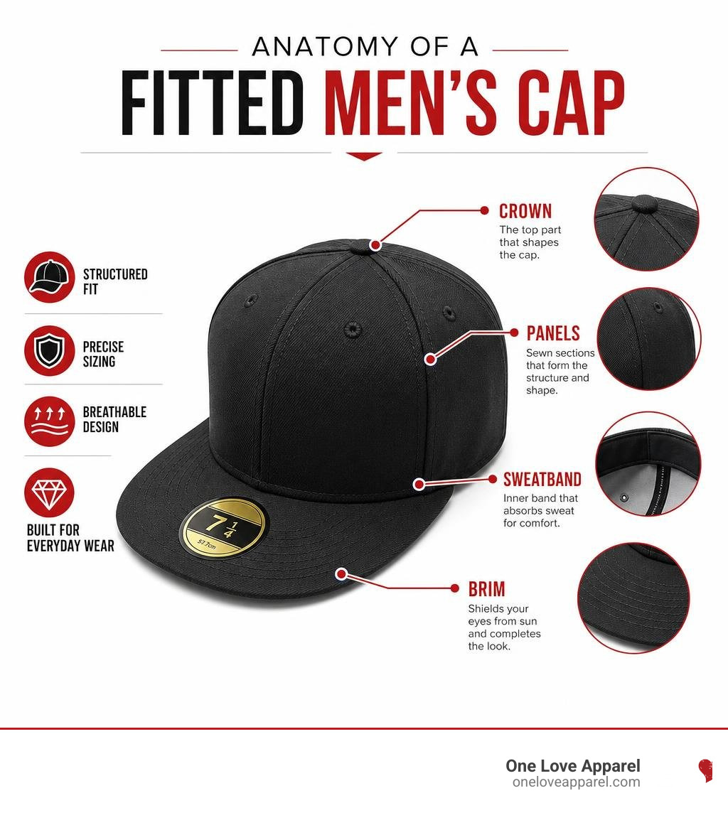 Anatomy of a fitted men's cap infographic showing panels, crown, sweatband, and brim infographic Anatomy of a fitted men's cap infographic showing panels, crown, sweatband, and brim infographic