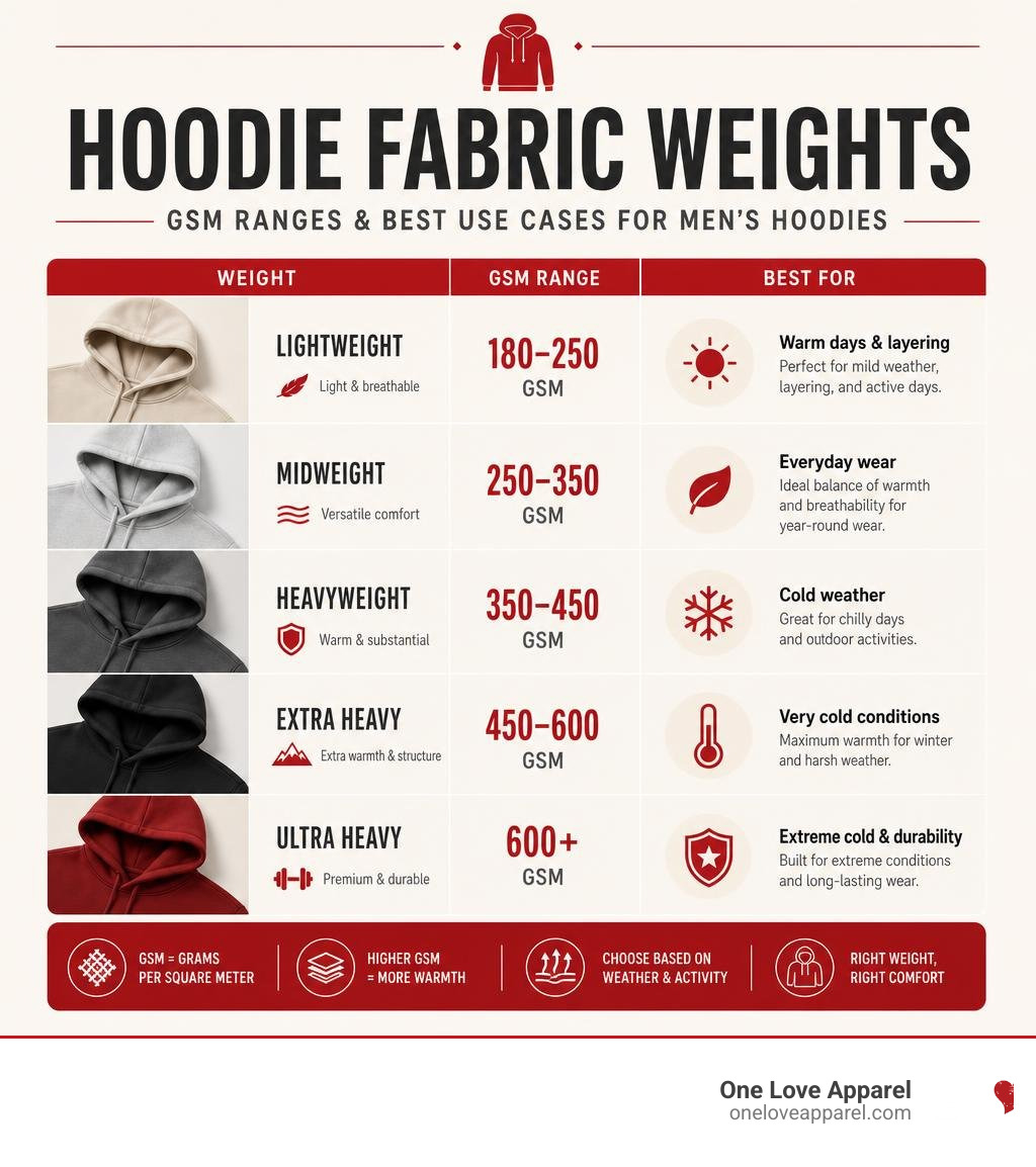 Infographic showing hoodie fabric weights, GSM ranges, and best use cases for men's hoodies infographic Infographic showing hoodie fabric weights, GSM ranges, and best use cases for men's hoodies infographic