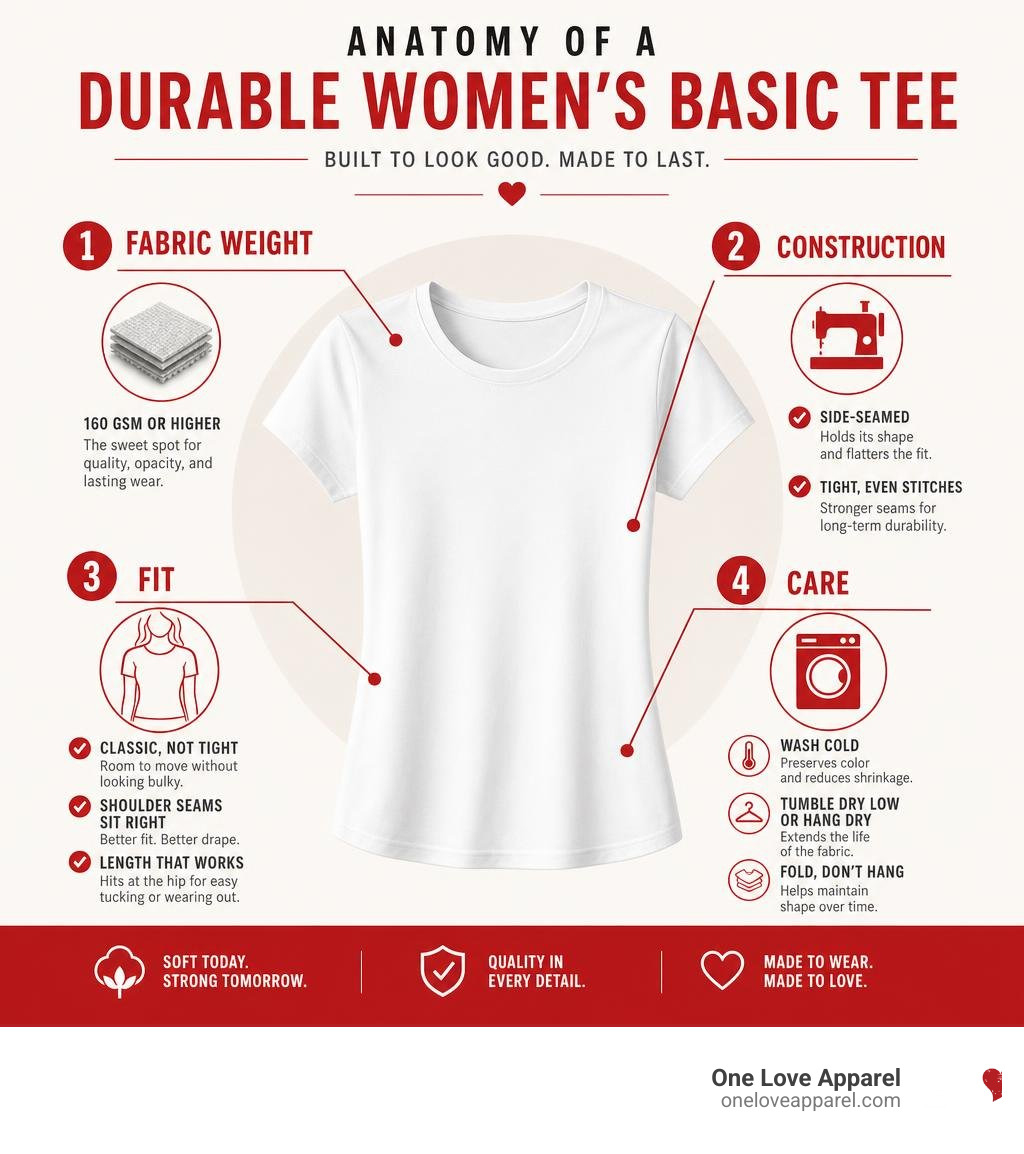 Anatomy of a durable women's basic tee: fabric weight, construction, fit, and care infographic Anatomy of a durable women's basic tee: fabric weight, construction, fit, and care infographic