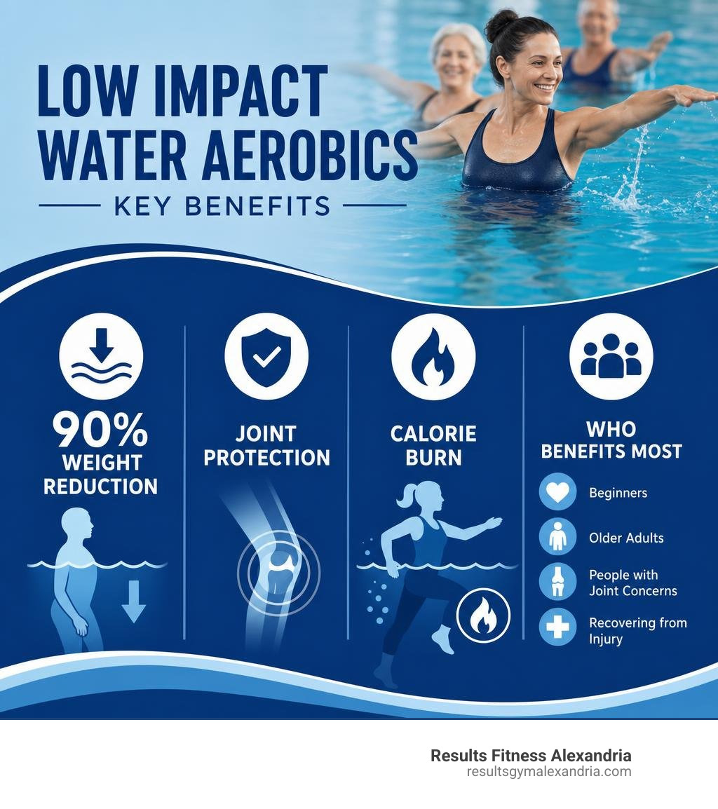Infographic showing key benefits of low impact water aerobics: 90% weight reduction, joint protection, calorie burn, and who Infographic showing key benefits of low impact water aerobics: 90% weight reduction, joint protection, calorie burn, and who