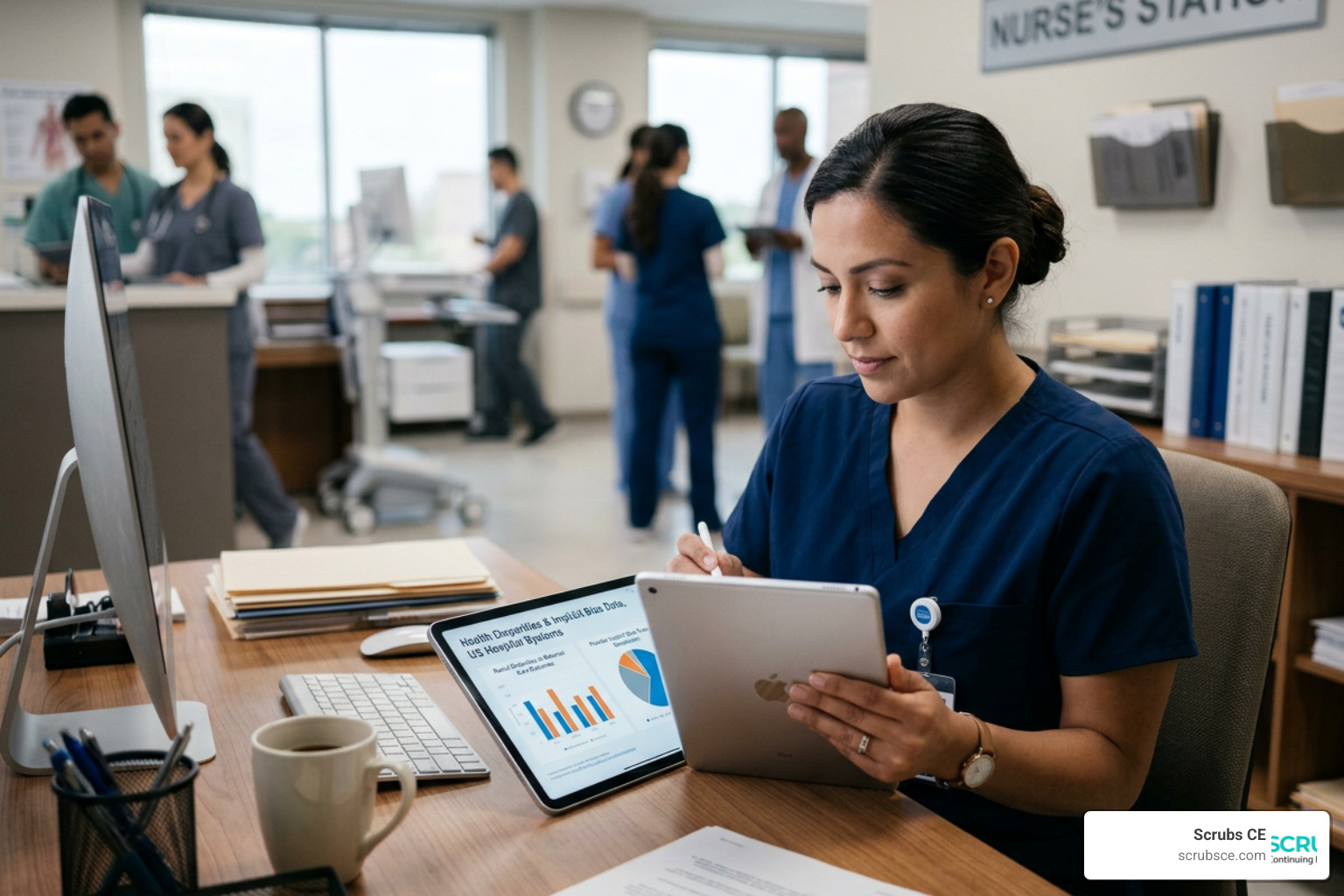 Nurse reviewing health disparities and implicit bias statistics on a digital tablet Nurse reviewing health disparities and implicit bias statistics on a digital tablet