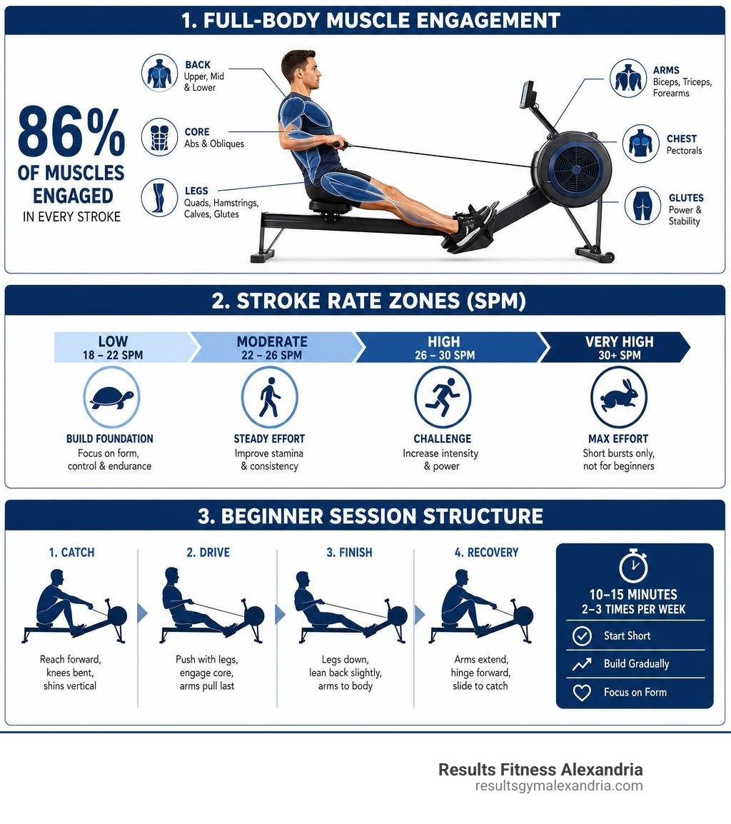 Infographic showing rowing machine muscle engagement, stroke rate zones, and beginner session structure infographic Infographic showing rowing machine muscle engagement, stroke rate zones, and beginner session structure infographic