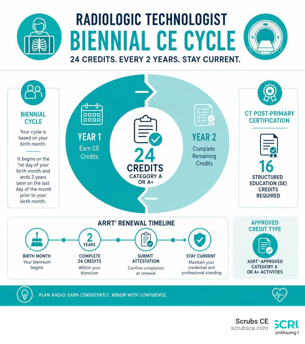 Infographic showing the biennial CE cycle for radiologic technologists including 24 credit requirement and ARRT renewal Infographic showing the biennial CE cycle for radiologic technologists including 24 credit requirement and ARRT renewal