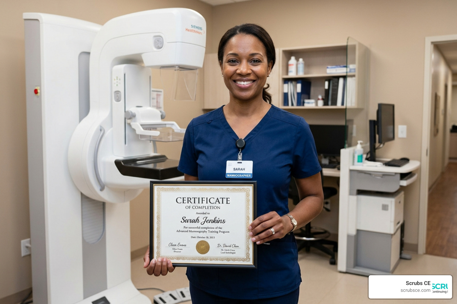 A smiling mammographer holding a certificate of completion A smiling mammographer holding a certificate of completion