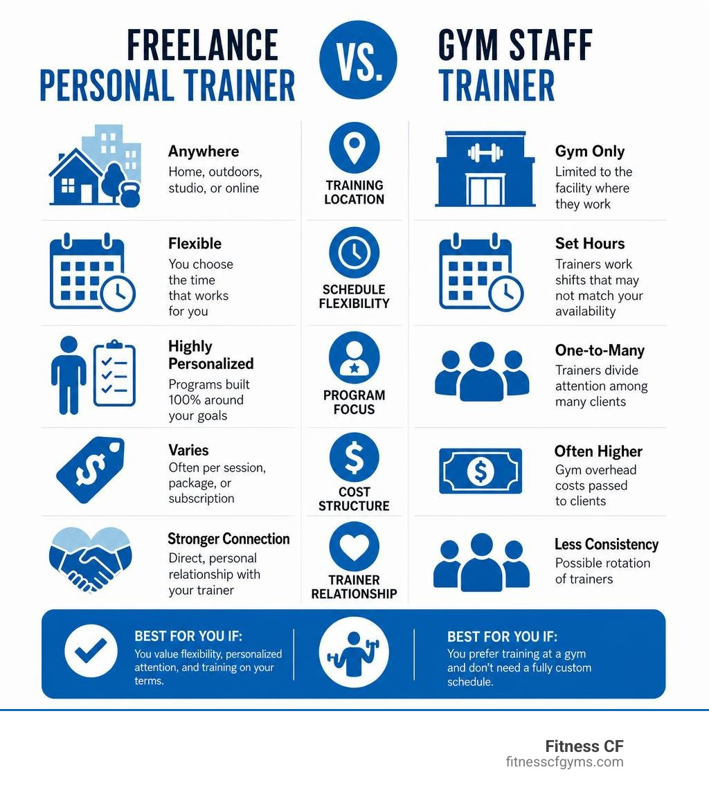 Freelance personal trainer vs gym staff trainer key differences comparison infographic infographic Freelance personal trainer vs gym staff trainer key differences comparison infographic infographic
