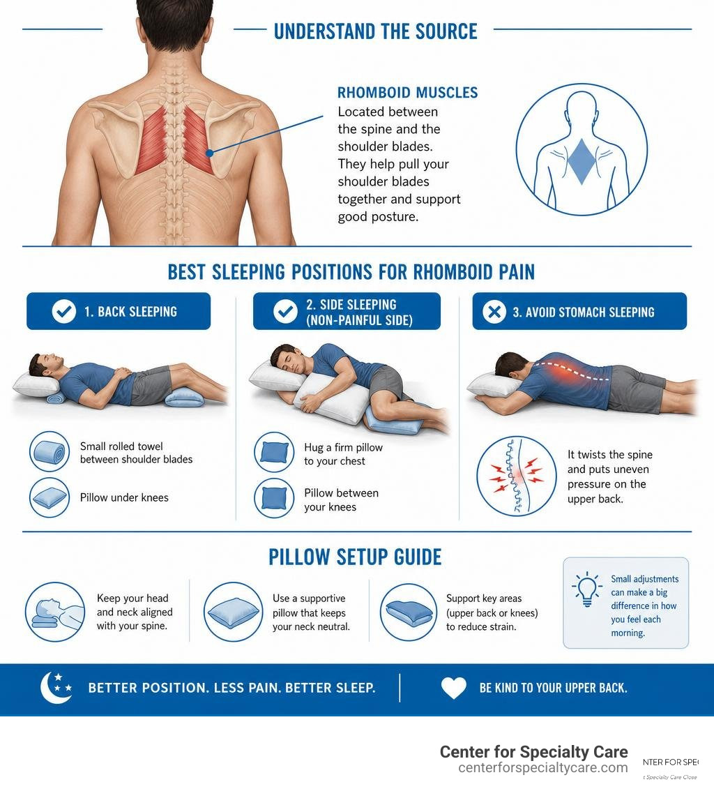 Infographic showing rhomboid muscle location, best sleep positions, and pillow setup for upper back pain relief infographic