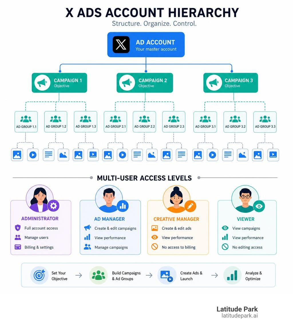 X Ads account hierarchy infographic showing campaigns, ad groups, and multi-user access levels infographic X Ads account hierarchy infographic showing campaigns, ad groups, and multi-user access levels infographic
