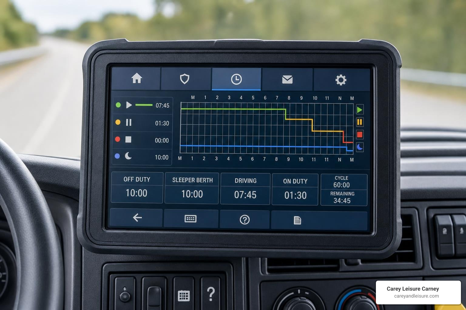 electronic logging device screen showing driver hours of service logs