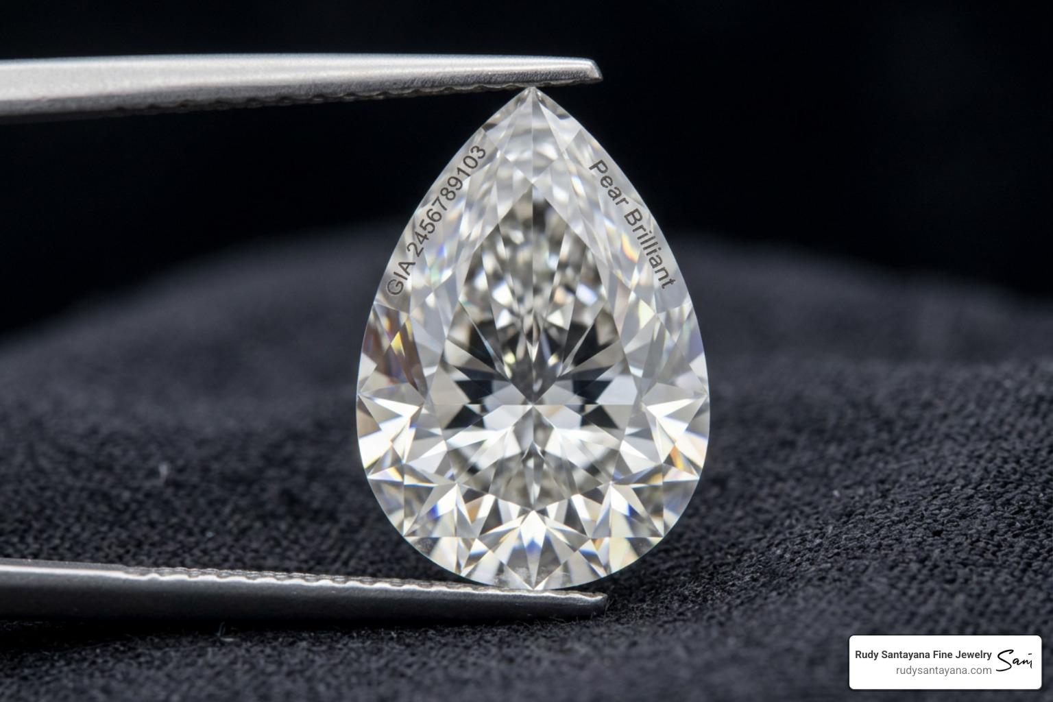 A GIA certified pear-cut diamond under magnification showing exceptional symmetry