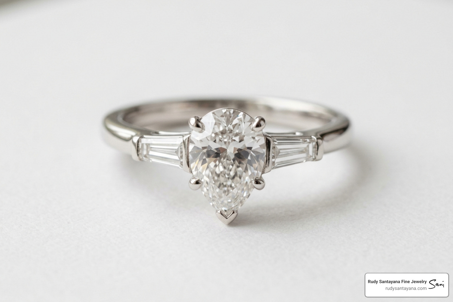 Classic trilogy ring setting with a pear-cut center stone and tapered side gems