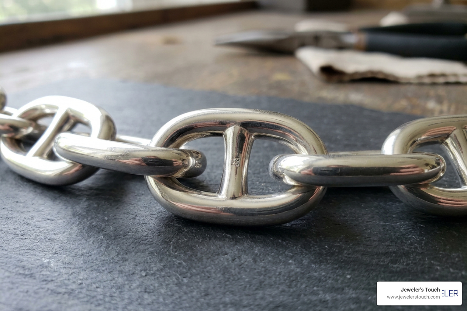 Close-up of a premium sterling silver link showing the precise craftsmanship Close-up of a premium sterling silver link showing the precise craftsmanship