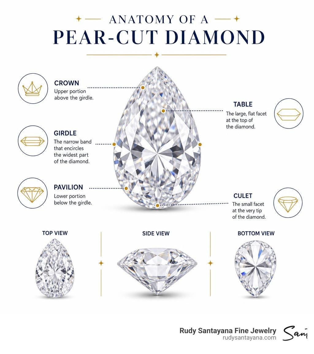 Anatomy of a pear-cut diamond infographic showing the table, culet, girdle, pavilion, and crown with labeled parts