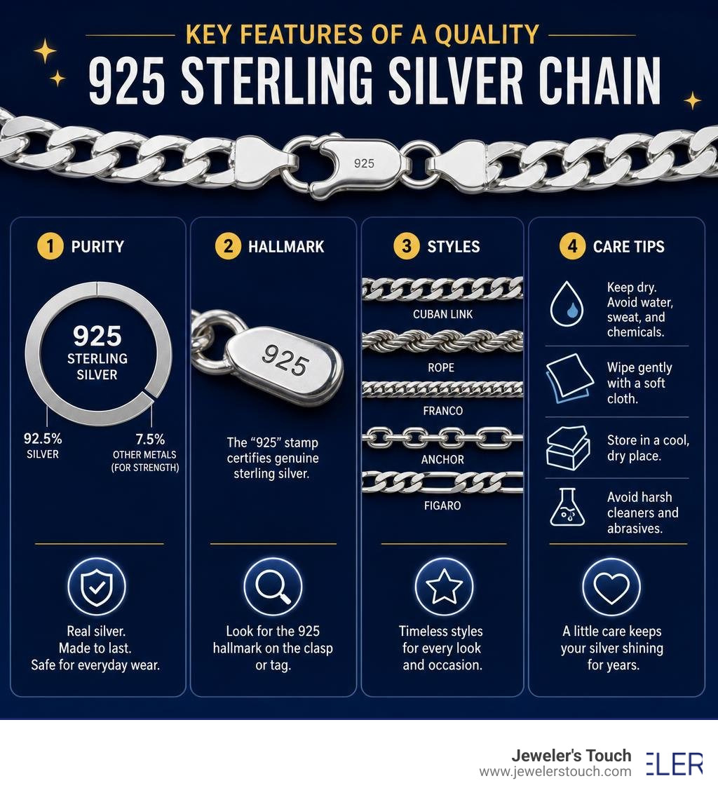 Infographic showing key features of a quality 925 sterling silver chain: purity, hallmark, styles, and care tips infographic Infographic showing key features of a quality 925 sterling silver chain: purity, hallmark, styles, and care tips infographic
