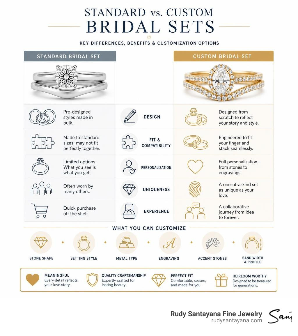 Infographic comparing standard vs custom bridal sets: key differences, benefits, and customization options infographic Infographic comparing standard vs custom bridal sets: key differences, benefits, and customization options infographic